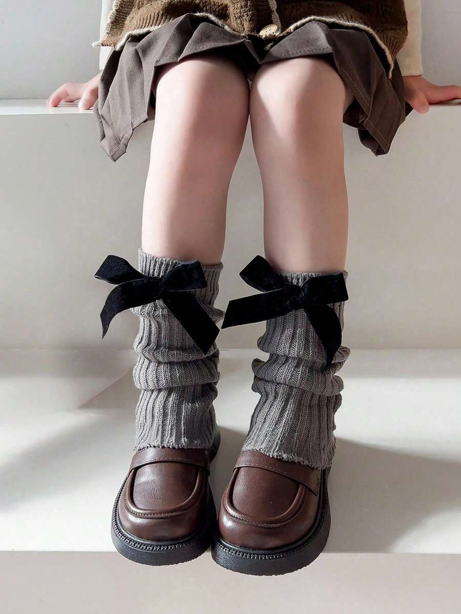 1双儿童纯红色蝴蝶结针织腿套，秋冬季保暖舒适，适合女孩穿着 - 灰色 - 查看 1