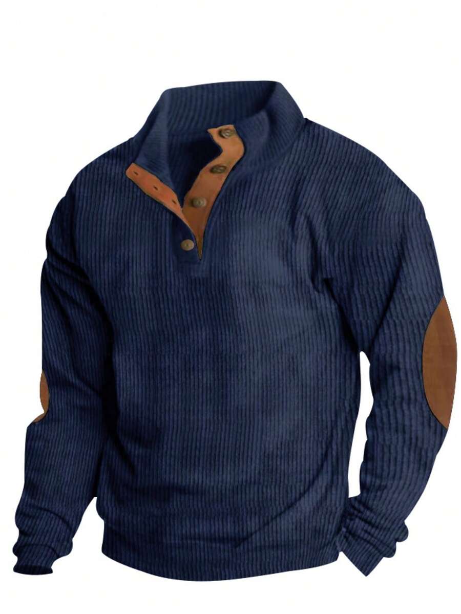 Men's Spring Autumn Long Sleeve Casual Colorblock Applique Polo Shirt - Navy Blue - View 1