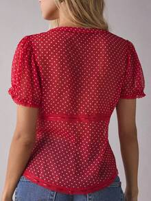 Y2K Button Up Preppy Shirts For Women Short Sleeve V Neck Fitted Crop Tops Cute Slim Fit Going Out Shirts Blouse - 紅色 - 查看 3