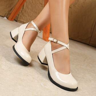 Women's Patent Leather Mary Jane Shoes, Ankle Strap Chunky Heel Retro Round Toe Shoes, Multiple Colors, Casual Party Versatile Bohemian Criss-Cross Buckle Office Home Wear