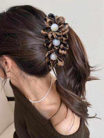 1pc Floral Crystal Pearl Decor Banana Clip, Elegant Ponytail Holder, Twist Hair Clip, Fashion Hair Accessory For Daily, Party, Commute