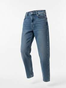 High-Waisted Rigid Denim Mom Fit Jeans - Authentic Wash 100% Coton, Made In Türkiye - Blue - View 4