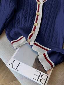 Women's Casual V-Neck Colorblock Striped Knit Cardigan With Gold Buttons, Long Sleeve Sweater Top, Autumn/Winter - Royal Blue - View 5