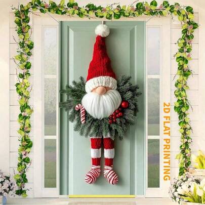 2D平面门饰，1件装节日圣诞小矮人门挂装饰，涤纶材质，红色条纹腿，无需用电，节日墙饰