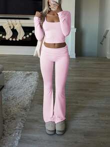 GAOVOT 女士两件套春夏 Y2K 修身性感纯色方领长袖上衣和微喇叭裤套装 - 粉色 - 查看 3
