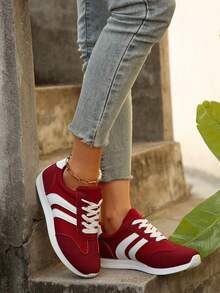 大码女式时尚运动鞋，红色撞色系带休闲平底舒适运动鞋 - 紅色 - 查看 8