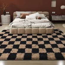 6x9 Area Rugs For Living Room Bedroom, Large Camel And Black Checkered Fuzzy Fluffy Shag Shaggy Carpet, Big Plush Soft Floor Rug For Kids Boys Girls Teen Room Dorm Office Nursery Home Decor Aesthetic - Lạc đà - Xem 3