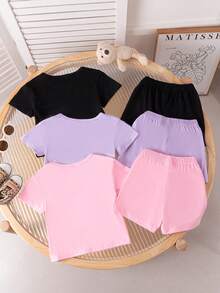 夏季女童休闲通勤字母印花和豹纹爱心印花圆领短袖上衣和印花短裤多件套 - 淡紫色 - 查看 2