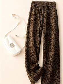 女士豹纹梭织直筒裤，抽绳腰带，休闲日常穿着，全身豹纹印花，度假必备 - 棕色 - 查看 1