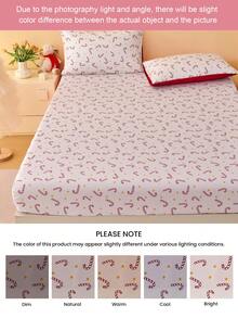 1pc Candy Cane Printed Fitted Sheet, Fits 9" To 12" Mattress Thickness, Soft, Wrinkle-Resistant, Breathable, Suitable For All Bed Sizes, Machine Washable. Fashionable Decorative Bedsheet, Essential For Bedroom & Dorm, Oeko-Tex Certified - Multicolor - View 7