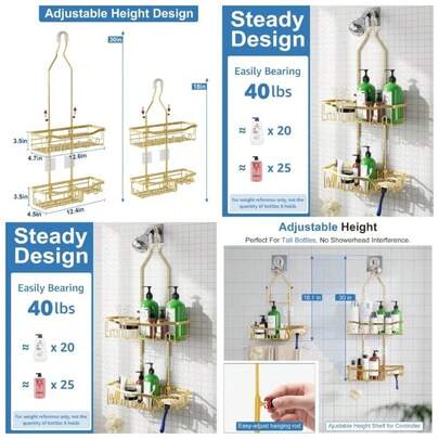 Organizador de ducha de longitud extendida con ganchos, soporte para champú y jabón a prueba de óxido, organizador de baño para colgar