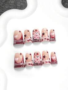 10pcs Romantic Teddy Bear Valentine's Day Nail Art Set, French Press-On Nails, Red Crystal Fake Nails, Pink Heart Nail Decorations, Gel Nail Kit, Pink & Red Nails, Includes Nail Tools (1pc Jelly Sticker + 1pc Nail File), 3 Sizes Available: Almond, Duck, Coffin Shape, Suitable For Party, Wedding, Valentine's Day, Daily Wear - 彩色 - 查看 9