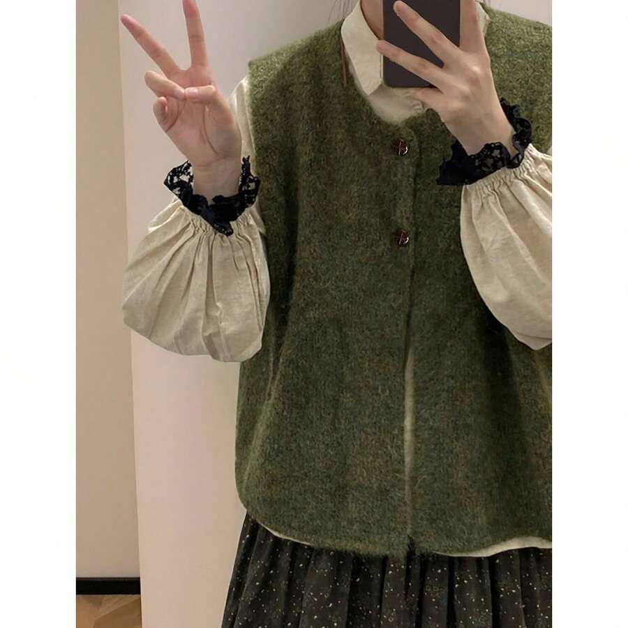 女式复古双扣圆领开衫毛衣背心 - 橄欖綠 - 查看 1
