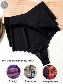 3pcs High Waist Seamless Women's Thong Panties, Sexy Butt Lifting & Tummy Control, Wavy Hem Design, Smooth Fabric, Ladies Underwear
