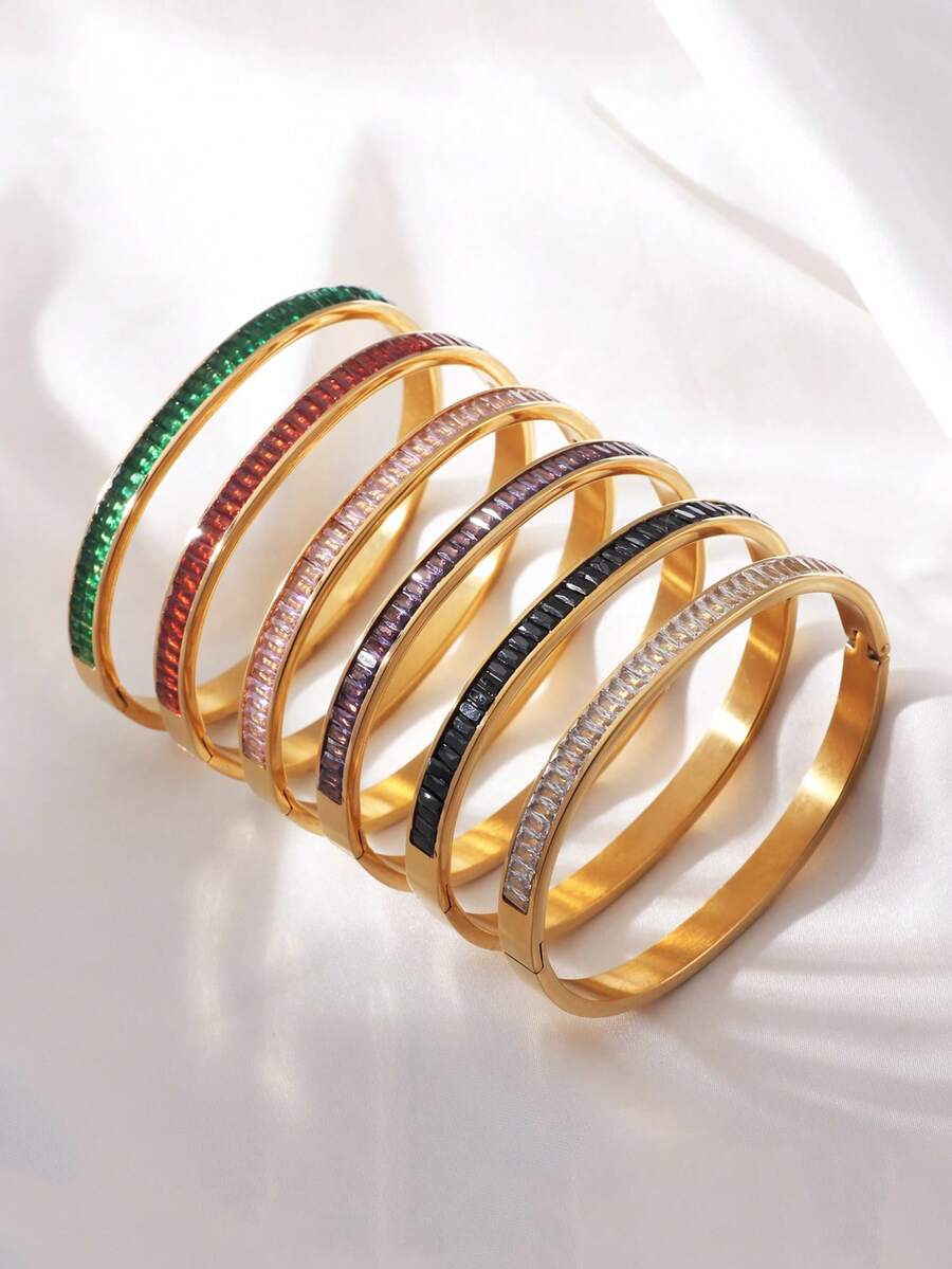 1 chiếc vòng tay thép không gỉ mạ vàng 18K, khảm đá Cubic Zirconia sáng bóng, vòng tay sang trọng nhiều màu, thích hợp đeo hàng ngày và ngày lễ, trang sức thời trang, phụ kiện thanh lịch làm quà tặng, trang sức tinh tế - Zircon nhiều màu - Xem 1