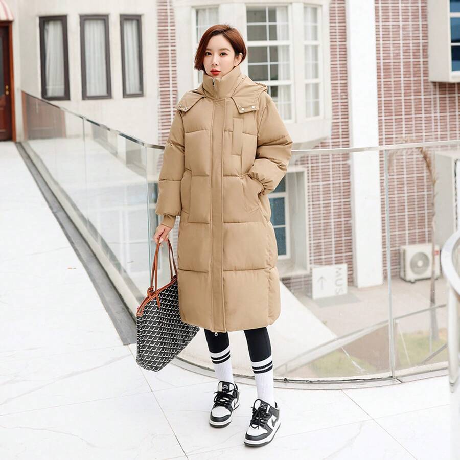 Winter Down Cotton Jacket For Women, Long Over-The-Knee Loose Fit Plus Size Cotton Coat, Thickened New Style Cotton Padded Jacket - Màu Khaki - Xem 1