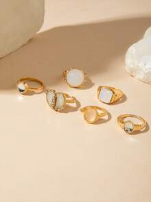 6pcs/7pcs Set Minimalist Chic Alloy Geometric Hollow Heart Radiant Star Faux Gemstone Creative Niche Design Jewelry Rings Set, Perfect Gift For Women To Wear Anytime, Any Occasion