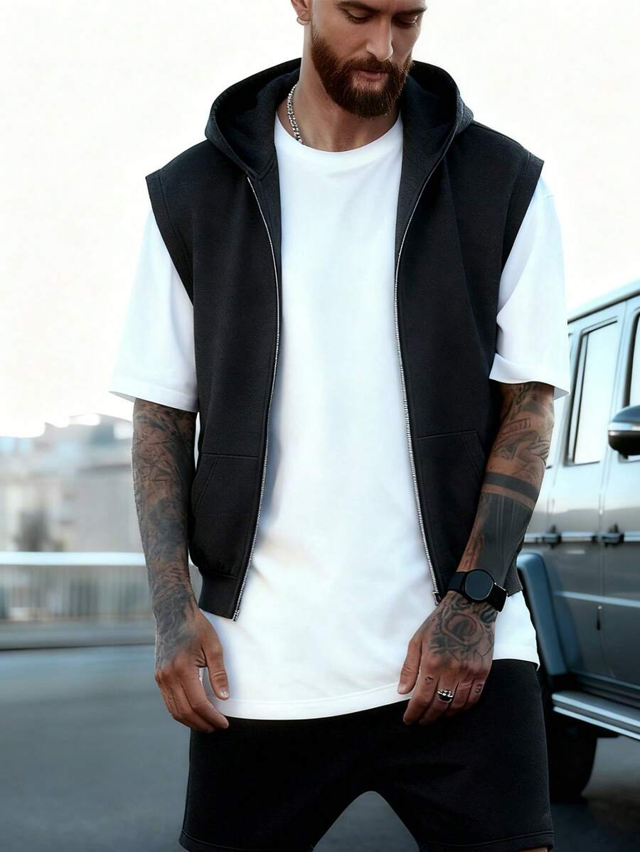 Áo hoodie có khóa kéo thường ngày có túi, áo nỉ chui đầu không tay, vải dệt kim polyester, áo chui đầu có khóa kéo dành cho nam - màu đen - Xem 1