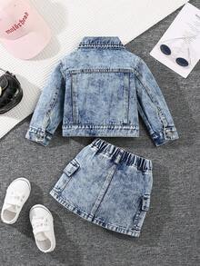 1 Set ' Fashionable Washed Blue Denim Jacket With Collar & Mini Skirt, With Cargo Pockets, Versatile Baby Girl Casual Outfit, Girls Indoor/Outdoor Street Wear Denim Set, Suitable For Daily Wear - Light Wash - View 2