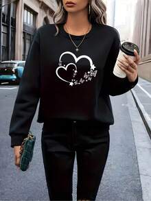 1pcs Women's Light Pink Heart And Butterfly Print Sweater - Soft Pink Long Sleeve Round Neck Pullover, Comfortable Casual Sweater For All Seasons, Suitable For Daily Wear, Valentine's Day Outfit, Machine Washable Loose Fit Sweater, Heart And Butterfly Design, Casual Fit Suitable For Layering, Fashionable And Comfortable Women's Fashion Sweater-Valentine Gift - 黑色 - 查看 6