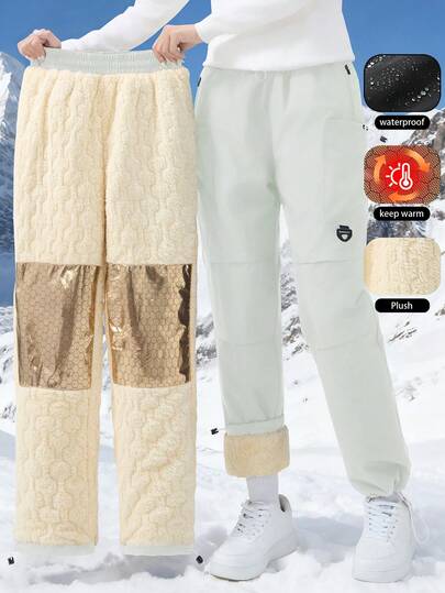 Calça de Esqui de Inverno Feminina - Calça Térmica Forrada e Acolchoada Grossa com Bolsos com Zíper, Calça Cargo Multipocket, Calça Impermeável e à Prova de Vento para Clima Frio com Calça Longa Acolchoada com Grafeno para Esqui, Esportes de Neve, Fim de Semana Casual e Caminhada Branca