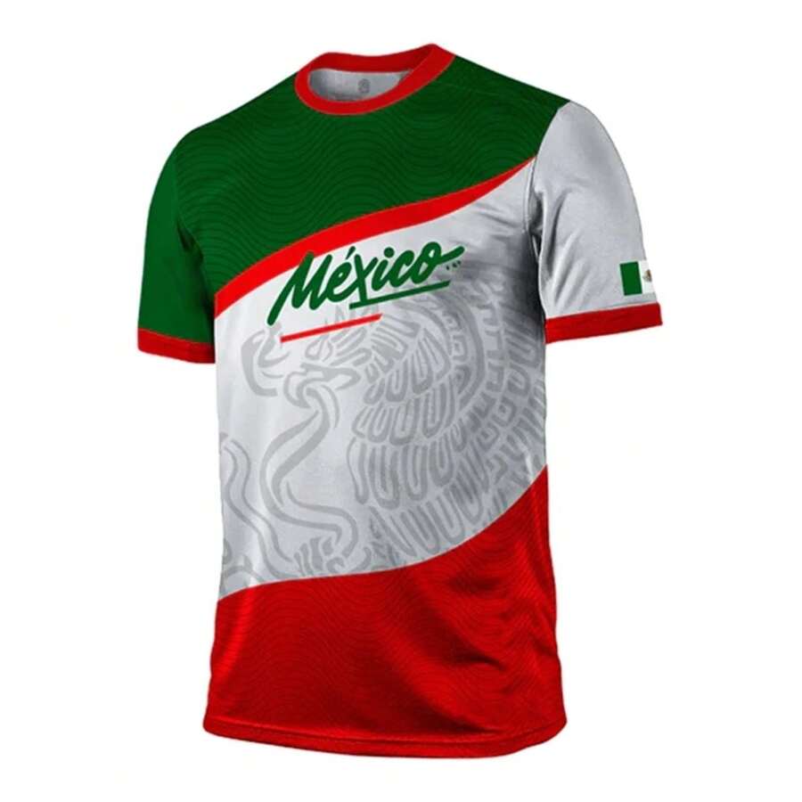 Camiseta de fútbol con gráfico de bandera de México para hombre, camisetas informales con estampado 3D de emblema nacional a la moda, camisetas de gran tamaño - Camiseta-ZFA60303 - Ver 1