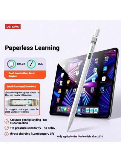 Lenovo BP26 Magnetic Stylus Pen, Compatible With All Apple IPad Models, Tilt And Pressure Sensitive, Seamless Latency And Anti-Interruption Touch, Bluetooth Display, Multi-Function Buttons, Metal Body, Ideal For Drawing And Creative Work.