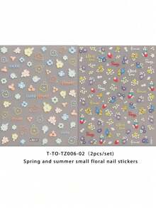2片装春夏碎花美甲贴纸 - 多巴胺小花、雏菊、睡莲、五瓣花、镂空花、草莓图案，春夏艺术设计，3D立体工艺，适合女性日常生活、婚礼、节日和假期。一次性自粘美甲贴纸，中国风，可爱，简约，清新主题，易于粘贴，美甲装饰贴纸。 - 彩色 - 查看 8