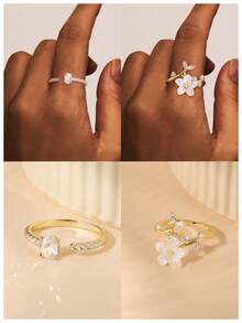 Adjustable S925 Sterling Silver Open Ring, Branch & Leaf Design, Stackable, Inlaid With Cut Gemstone/Cubic Zirconia, Suitable For Stacking Promise Rings - Gold - View 5