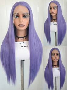 180% Density 13x4 Synthetic Lace Front Wig, Purple Ash Brown Natural Straight Hair, High Quality Heat Resistant Fiber, Full Wig Set For Women - Multicolor - View 13