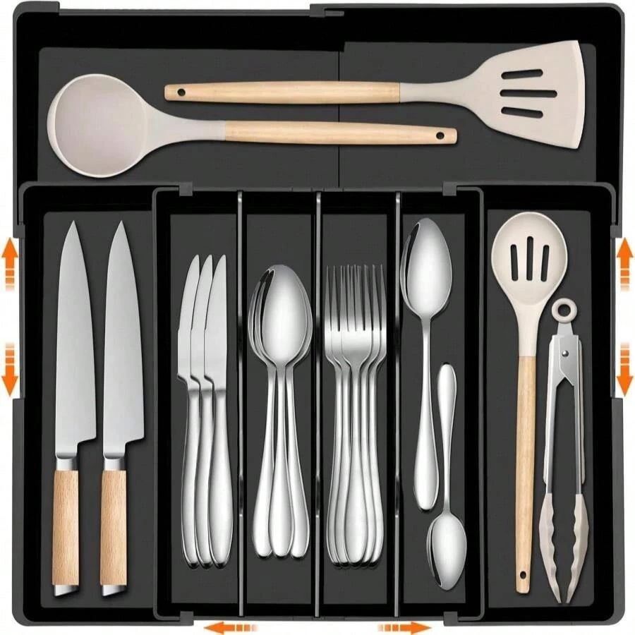 Spaclear Kitchen Silverware Organizer For Drawer - Expandable Silverware Drawer Organizer Adjustable Utensil Drawer Holder, Flatware Cutlery Tray For Spoons Forks Kitchen Organizers Storage,Black,M - ColorA - 查看 1