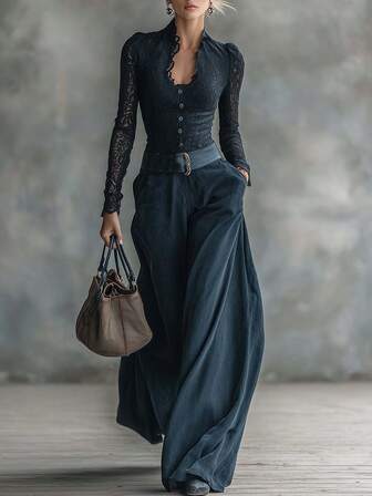 Women's Elegant Vintage Black Lace Long Sleeve V-Neck Puff Sleeve Ruffle Trim Collar Puff Sleeve Gothic Style Button Front Fitted Blouse, Suitable For Office Commute, Spring/Summer New