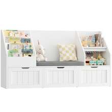 Toy Storage Unit, Toy Organiser Bookshelf, With Storage Bench And 3 Drawers On Wheels, 140x39.5x80cm - White - View 2