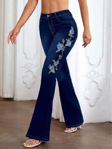 Women's Straight-Leg Mid-Rise Embroidered Jeans With Side Embroidery Design; Y2K Clothes; Women's Streetwear; Club Outfits For Women; Vacation Outfits For Women; Women's Going Out Outfits; New Year's Outfits; Women's Streetwear. - 寶藍色 - 查看 4