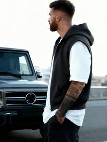 Áo hoodie có khóa kéo thường ngày có túi, áo nỉ chui đầu không tay, vải dệt kim polyester, áo chui đầu có khóa kéo dành cho nam - màu đen - Xem 6