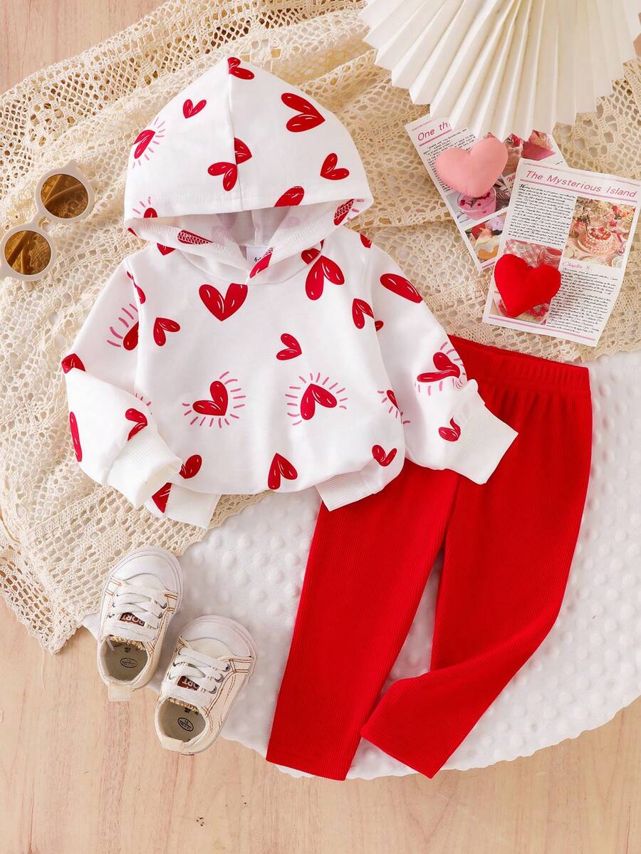 2pcs Baby Girls Cute Minimalist Heart Hoodie Top And Leggings Set, Spring/Autumn
