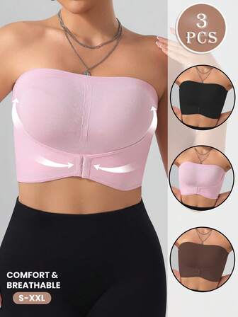 3 יחידות נשים קז'ואל אופנתי סגירת כפתורים קדמית ללא חוטים חלקה רכה ונוחה חזיות ללא ריפוד, ללא כתפיות ללבישה יומיומית