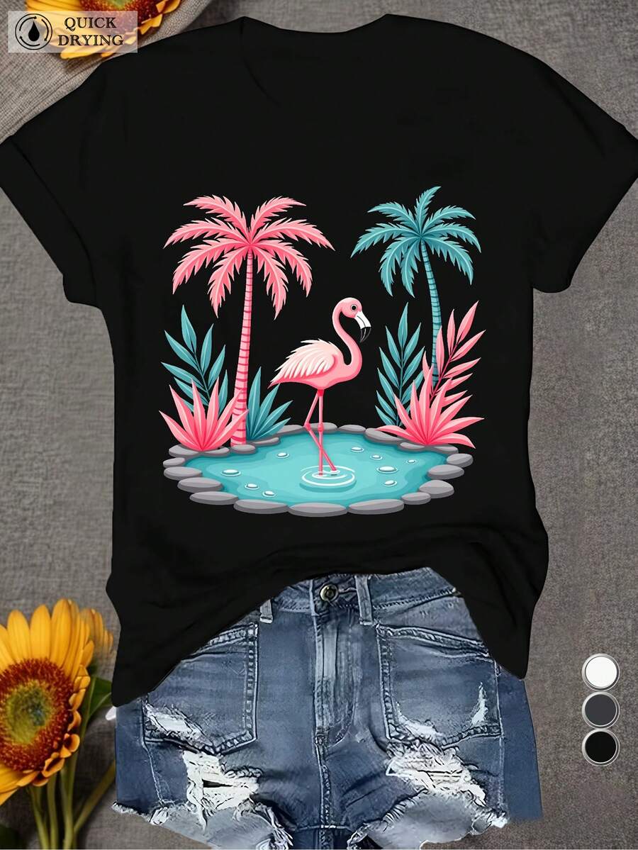 [Sporty T-Shirt]Women's Plus Size Tropical Flamingo & Palm Tree Print T-Shirt - Vibrant Pink & Turquoise Short Sleeve Round Neck Casual Summer Beachwear, Breathable Quick-Dry Fabric, Machine Washable Hawaiian Vacation Outfit With Relaxed Fit, All-Season Wear, Geometric Pattern, And Pink Flamingo & Tropical Plants Design For Everyday Comfort| Relaxed Fit | Plus Size - màu đen - Xem 1