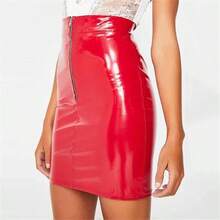 Falda de piel sinttica con cierre frontal para mujer, faldas personalizadas de cintura alta - 4XL + negro - - Ver 2