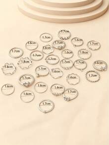 28 件简约水钻心形波浪戒指，银色几何指节戒指套装 [已标注尺寸，戒指闭合，请勿用力弯曲]