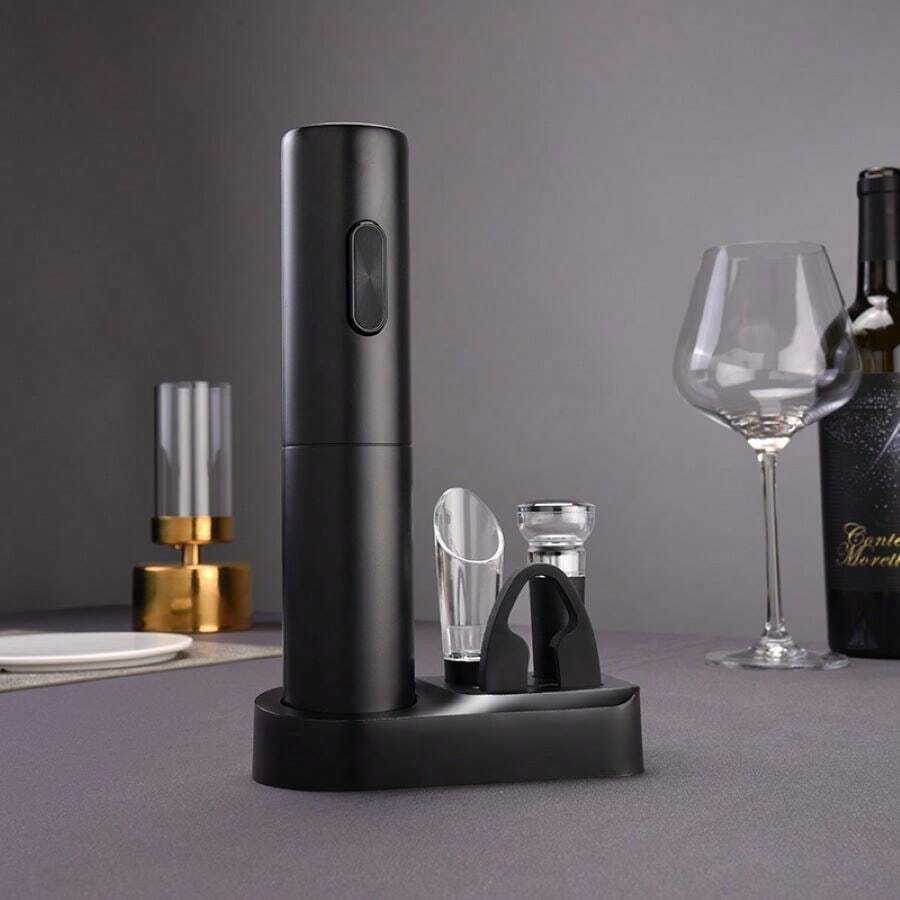 1 Set Electric Wine Opener - Ideal For Parties And Wine Enthusiasts - Kitchen Accessory Gift, Opens, Pours And Stores Wine, All-In-One Functionality, Paired With Stylish Base For Easy Storage, Battery-Operated Corkscrew With Electric Bottle Stopper
