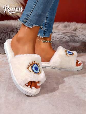 1 Pair Unisex Plush Slip-On Slippers With Embroidered Eye Design, Comfortable For All Seasons, Machine Washable & Dryable, Indoor Non-Slip EVA Soft Sole Couple House Shoes