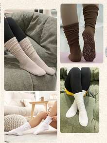 女士防滑普拉提袜，瑜伽宽松袜，带防滑设计，适合芭蕾杆训练，医院长款褶皱拖鞋袜 - 女士礼物