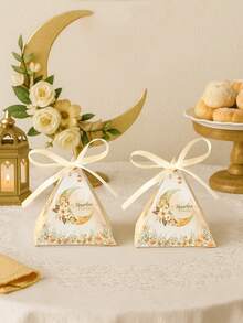 12pcs Ramadan Kareem Triangle Candy Box With Ribbon, Eid Watercolor Moon Design Candy Box For Eid Mubarak Table Center Decoration, Eid Mubarak Party Decor Sweet Box, Ramadan Eid Decor Table Centre Decorations, Ramadan Kareem Kitchen Decor,Ramadan Mubarak Decor,Room Decor,Home Decor Table Skirt,Outdoor Ramadan Stuff Disposable Gift Wrapping Supplies,Ramadan Gifts,Ramadan Prayer,Ramadan Gift Bag - Eid Watercolor Moon - View 2