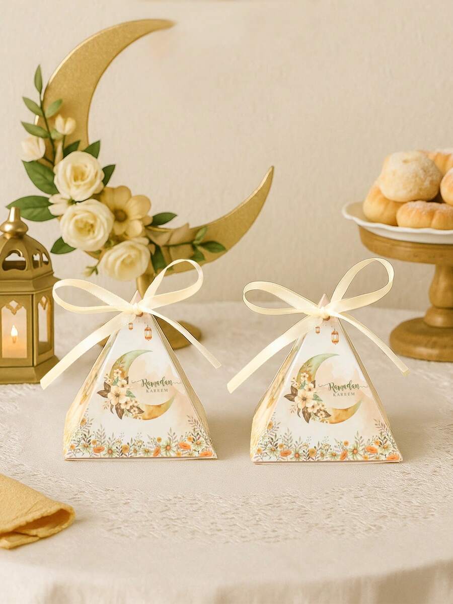 12pcs Ramadan Kareem Triangle Candy Box With Ribbon, Eid Watercolor Moon Design Candy Box For Eid Mubarak Table Center Decoration, Eid Mubarak Party Decor Sweet Box, Ramadan Eid Decor Table Centre Decorations, Ramadan Kareem Kitchen Decor,Ramadan Mubarak Decor,Room Decor,Home Decor Table Skirt,Outdoor Ramadan Stuff Disposable Gift Wrapping Supplies,Ramadan Gifts,Ramadan Prayer,Ramadan Gift Bag