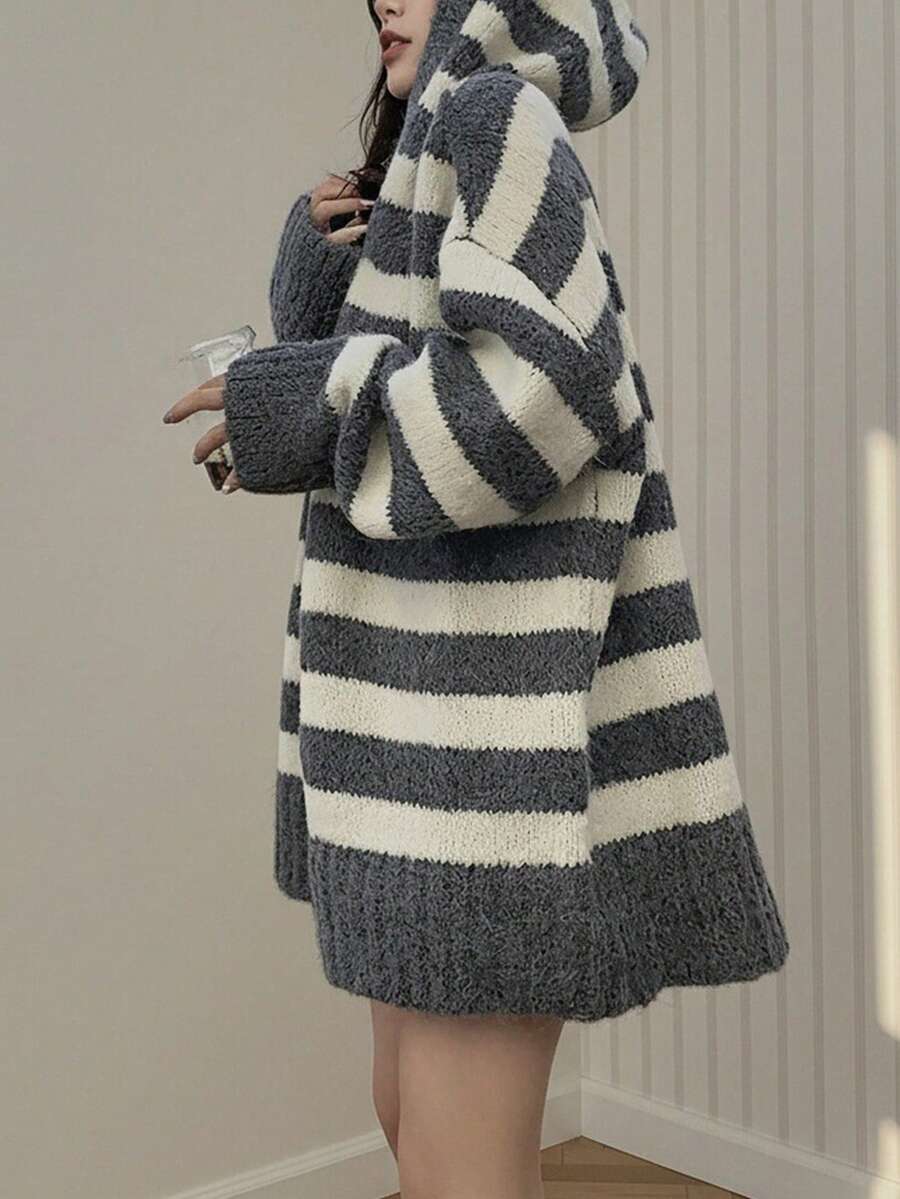 女士休闲经典条纹设计连帽宽松套头衫,秋冬 - 淺灰色 - 查看 1