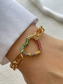 STYLEVER 1 chiếc vòng tay khóa đôi mạ vàng, dây đôi hình trái tim đính kim cương nhiều màu sắc, vòng tay kim cương trắng quyến rũ, dây thép không gỉ, thích hợp cho các dịp lễ hội và đeo hàng ngày. - Vàng - Xem 6