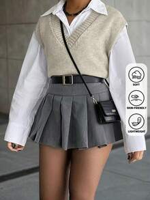 Women's Beige V-Neck Knit Vest For Autumn/Winter, Suitable For School, Commuting, Minimalist Style, Office Wear, Vintage Charm, Casual Sleeveless Knit Top, Beige Preppy Style Sweater Vest - Beige - View 2