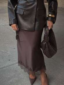 HZXVIC Chân váy satin thanh lịch mùa hè mới - Chân váy dài ngang gối cạp cao viền ren, thích hợp cho các bữa tiệc và mặc hàng ngày. - màu nâu - Xem 6