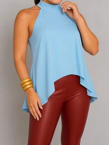 Women's Blouse With High Neck And Asymmetrical Neck Tie - 淺藍色 - 查看 1